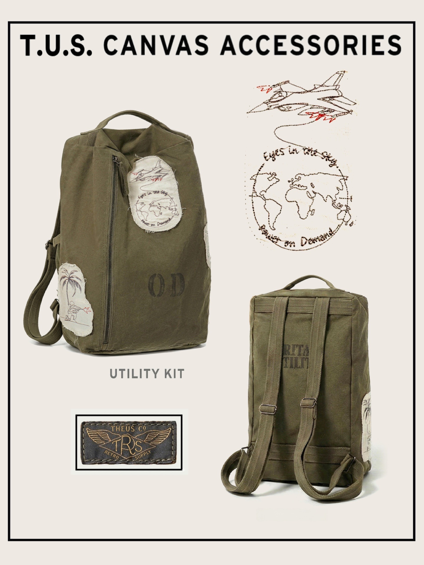 Canvas Backpack Casual - 레트로 워싱 밀리터리 패치워크 코튼 캔버스